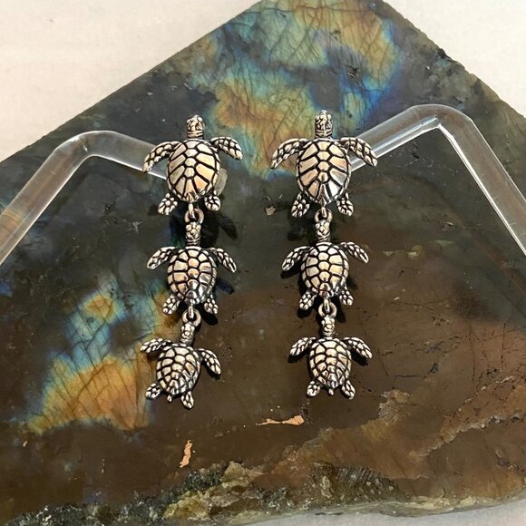 VTG Kabana Sterling Silver 925 Dimensional Sea Turtle Trio Dangle Drop Earrings - Picture 3 of 16